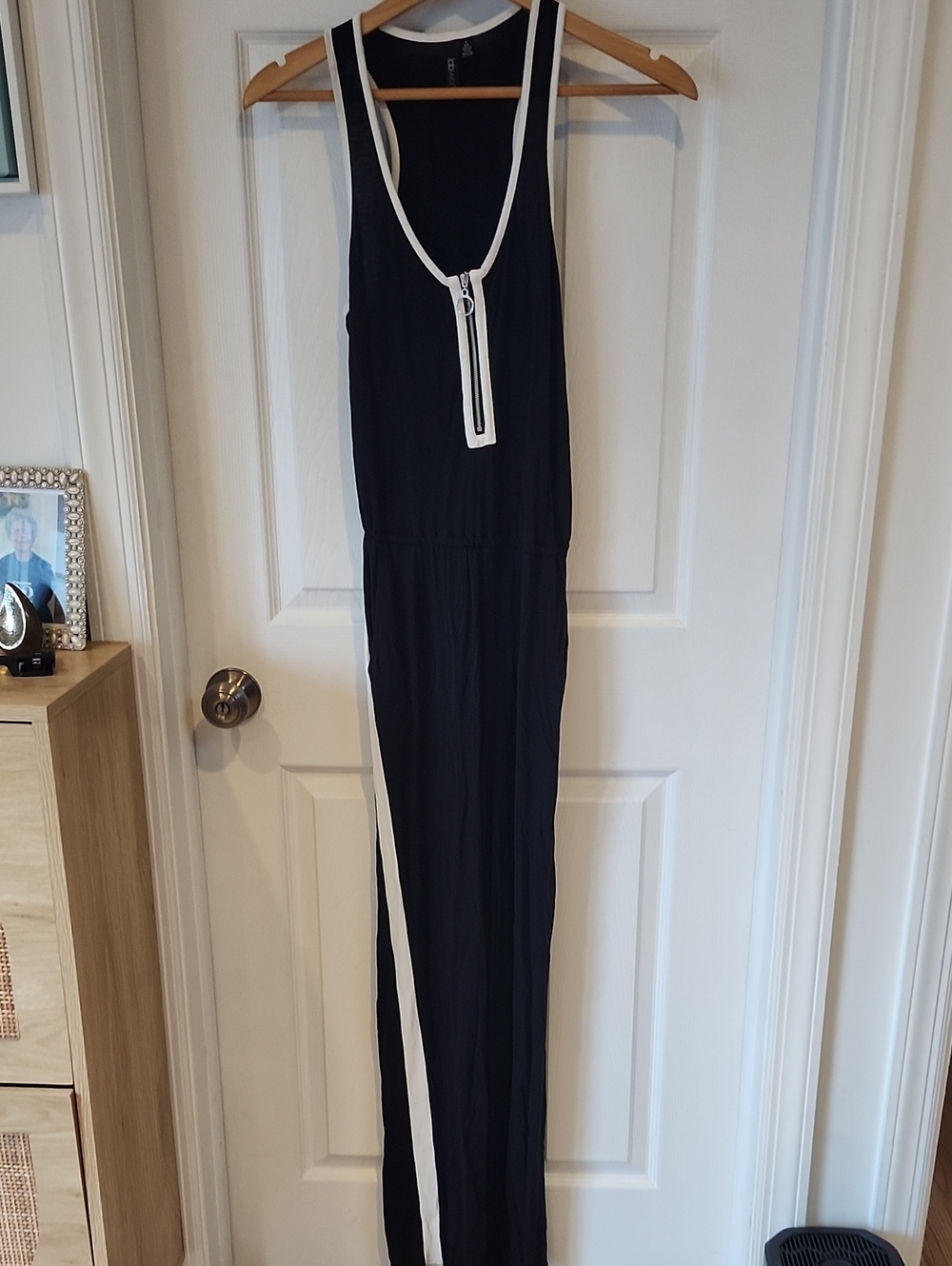 Black Sleeveless Jumpsuit with White Trim